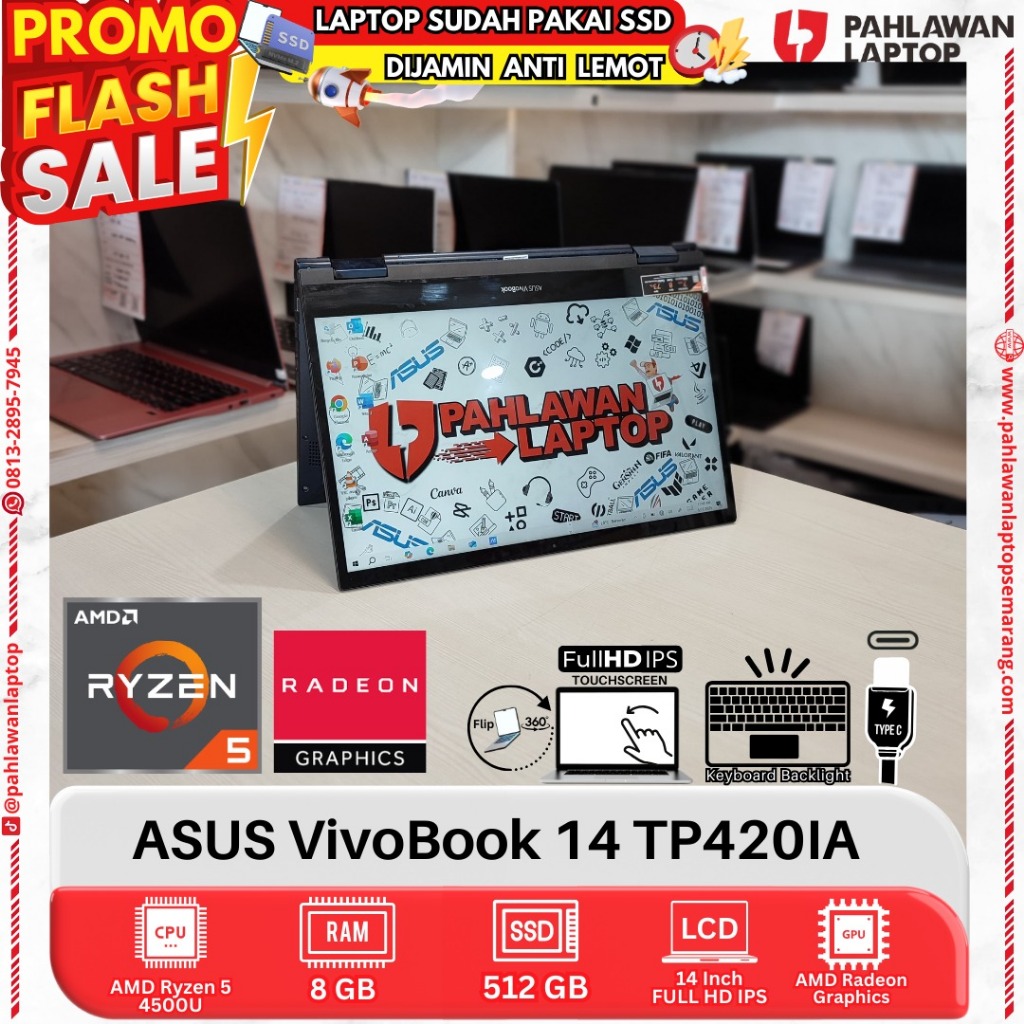 LAPTOP ASUS VivoBook 14 TP420IA AMD Ryzen 5 RAM 8GB SSD 512GB TOUCHSCREEN FLIP