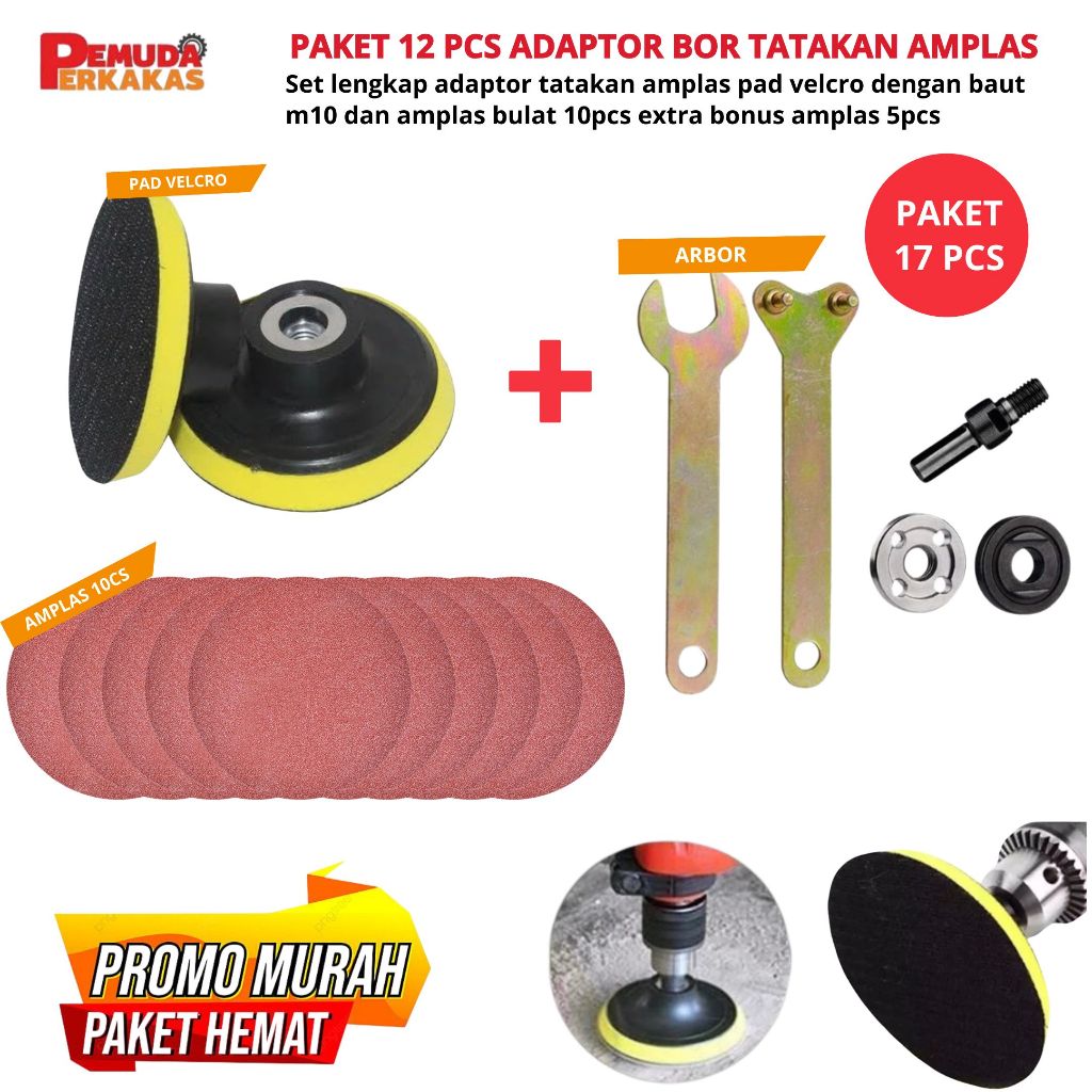 Paket LengkapAdaptor Bor Tatakan Amplas Bulat 4inc Mata Gerinda Pad Amplas Ukuran 4inch Pepekat Ampl