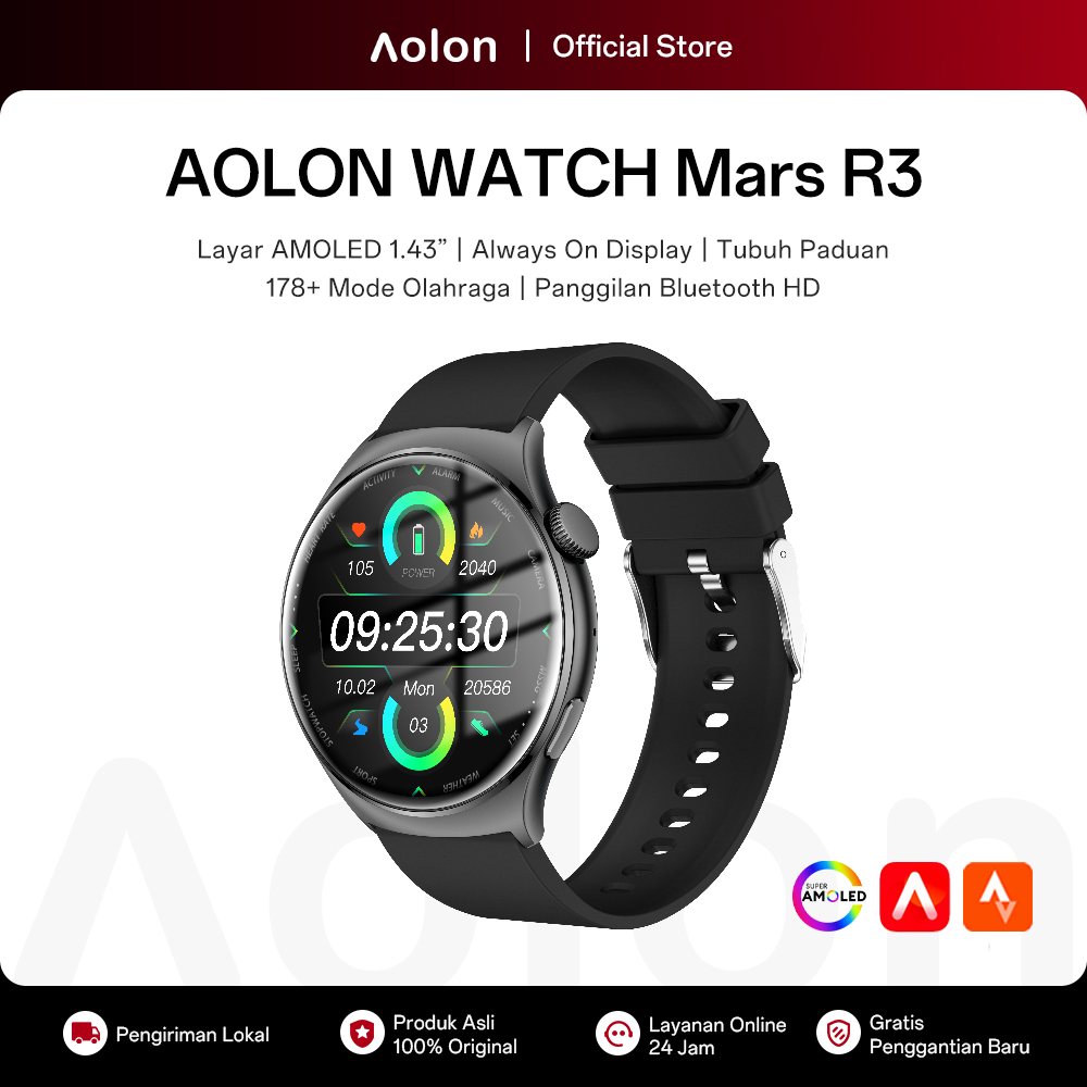 Aolon Mars R3 Jam Tangan Smartwatch Pria Running Pace 60Hz AMOLED Screen AOD Metal Case Custom Wallp