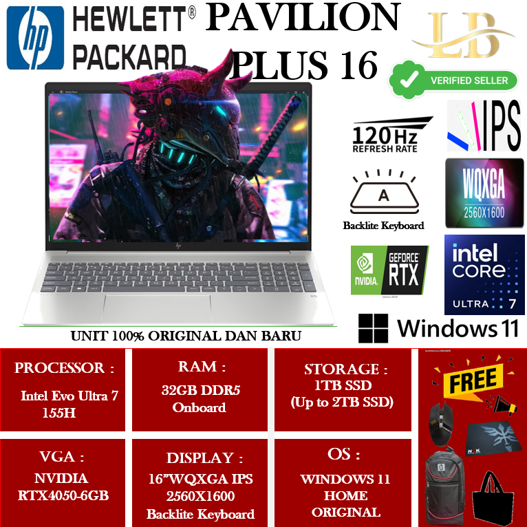 Laptop Hp Pavilion Plus 16 Intel Evo Ultra 7 155H 32GB 1TB RTX4050-6GB 16"WQXGA IPS 120Hz