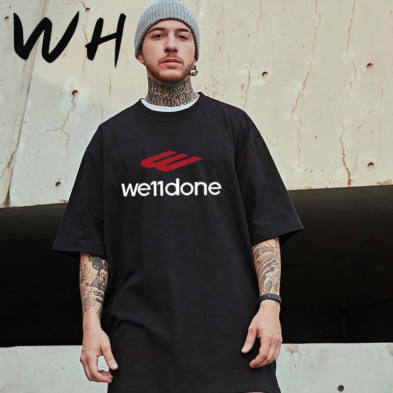 T-shirt huruf "we11done" dengan gaya yang dipersonalisasi, sikap modis, kaos hitam dan putih, gaya y