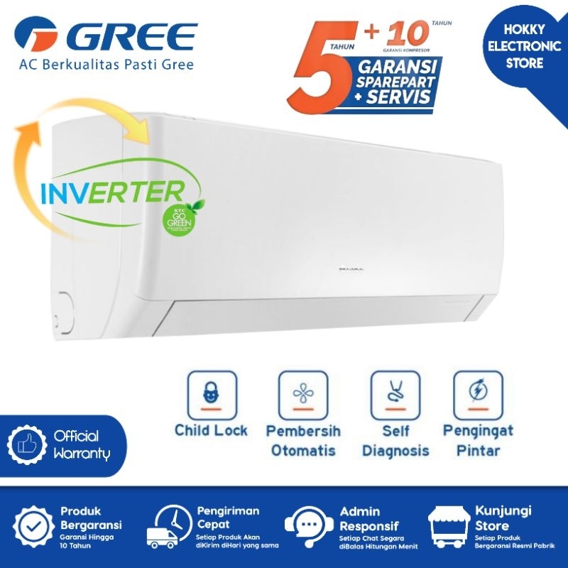 GREE GWC-12F5S AC 1,5 PK Inverter Gree 12F5S Gold Fin R32 Smart Cleaner Garansi Resmi Gree Indonesia