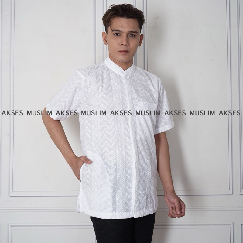 Baju Koko Putih Kemko Dewasa Lengan Pendek Katun Paris Full Bordir Premium Cantik Mewah