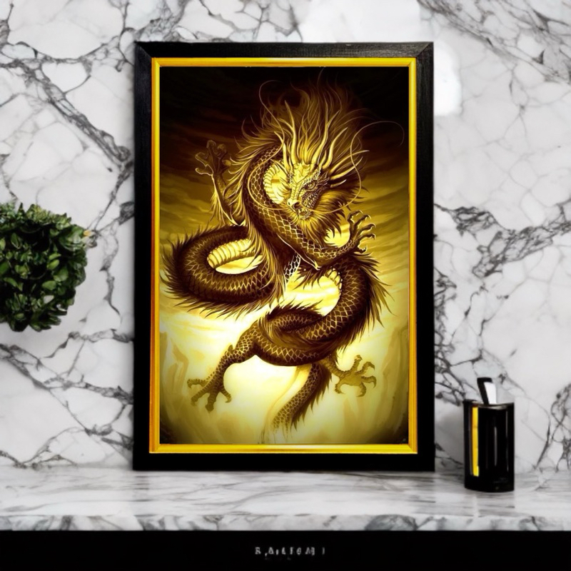 Hiasan dinding lukisan cetak gambar naga berwarna emas hitam plua bingkai