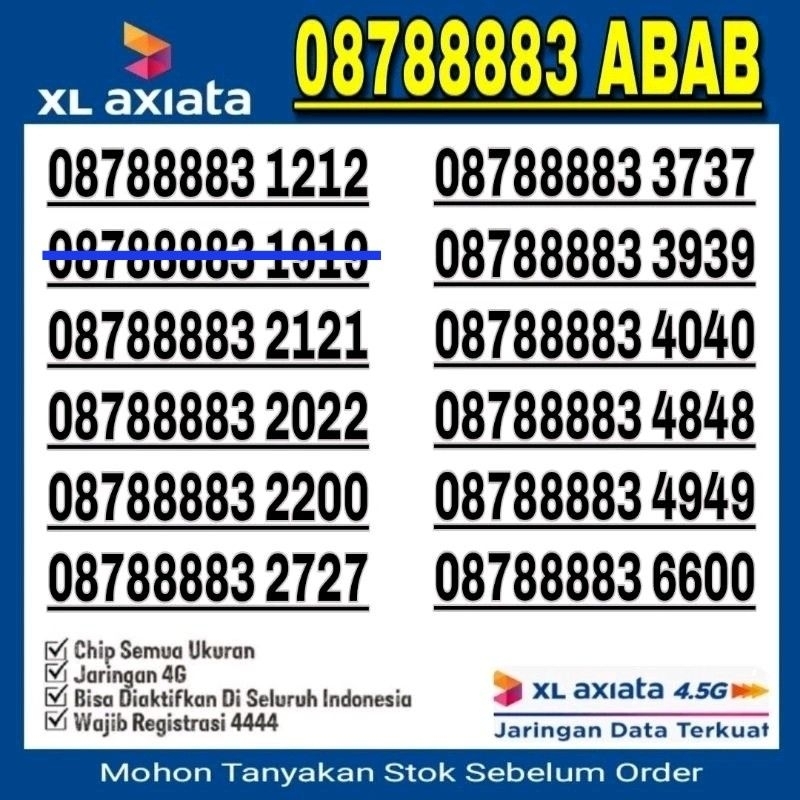 NOMOR CANTIK XL AXIATA 4G LTE O8788883 1212 1919 2121 2727 3939