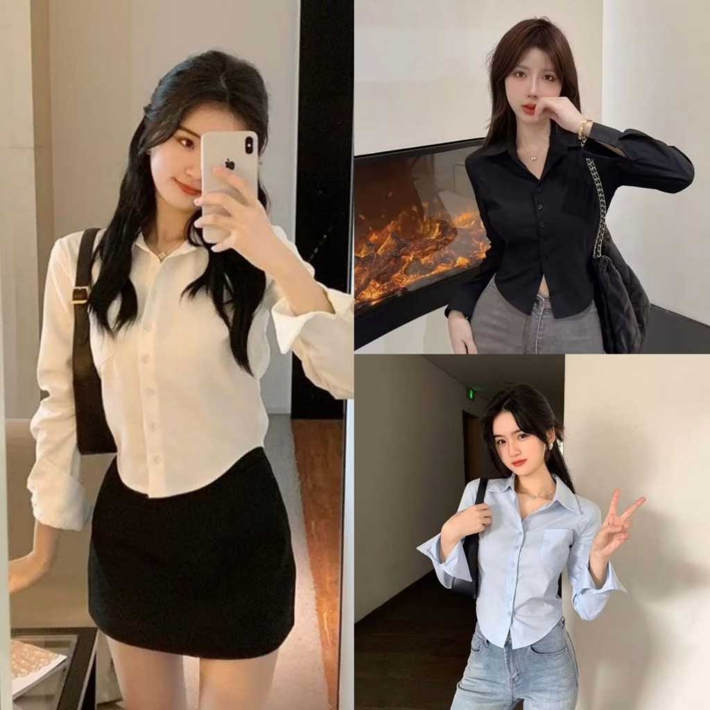 Kemeja Wanita Lengan Panjang Gaya Korea Kemeja Kasual - Kemeja Wanita Polos Crop Top Lengan Panjang