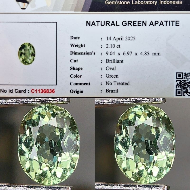 Natural Green Apatite NTD NoTreated Kristal Kaca memo Lab