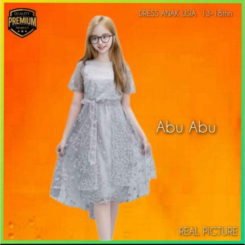 Midi Dress Anak Perempuan 13-18thn Jiao Gaun Pesta Korea Remaja Abu Abu