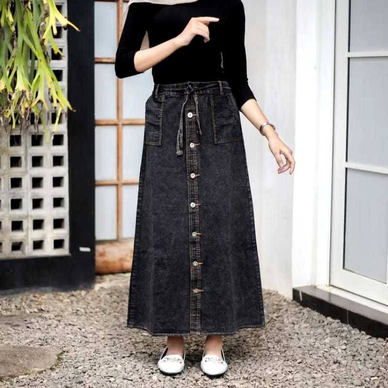 ROK JEANS CARGO - ROK KANCING PANJANG - ROK CARGO JEANS KANCING KEKINIAN