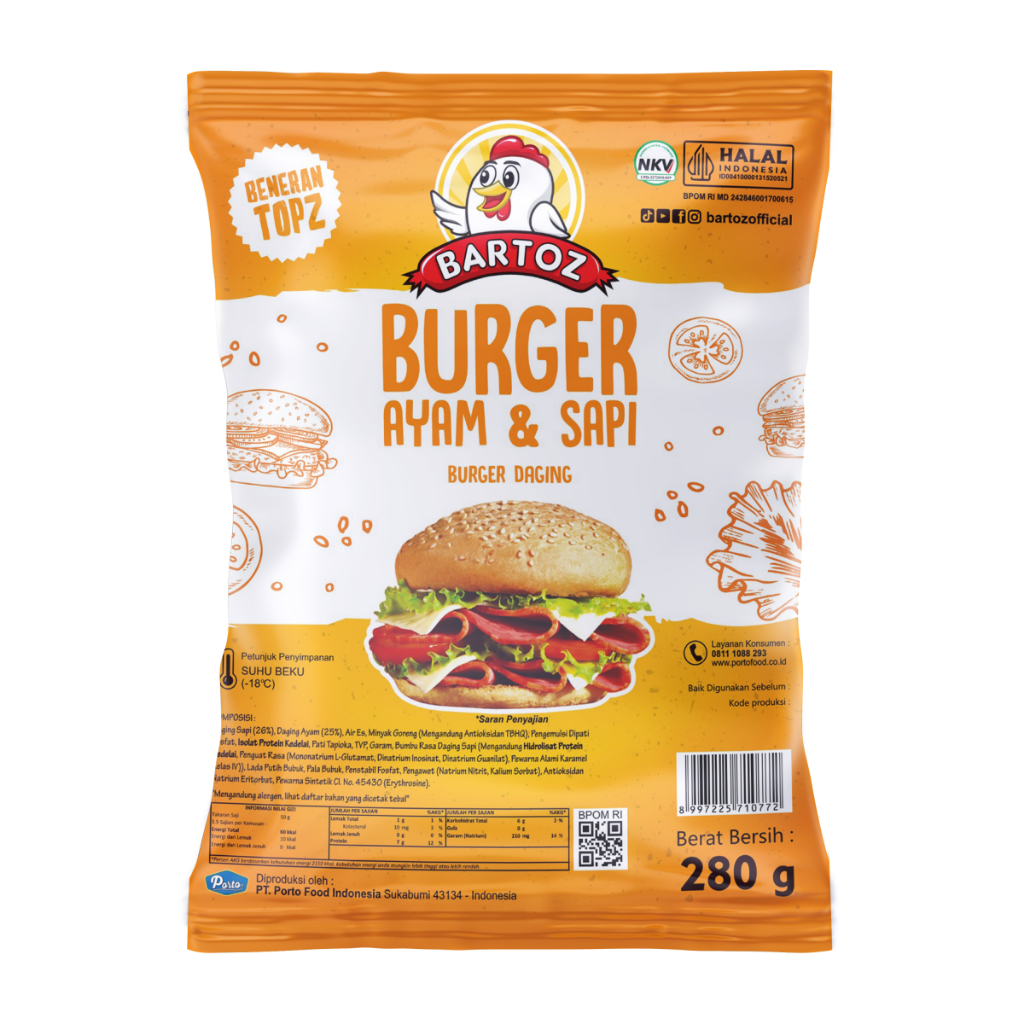 

Bartoz Burger Ayam & Sapi Daging 280gram isi 20pcs