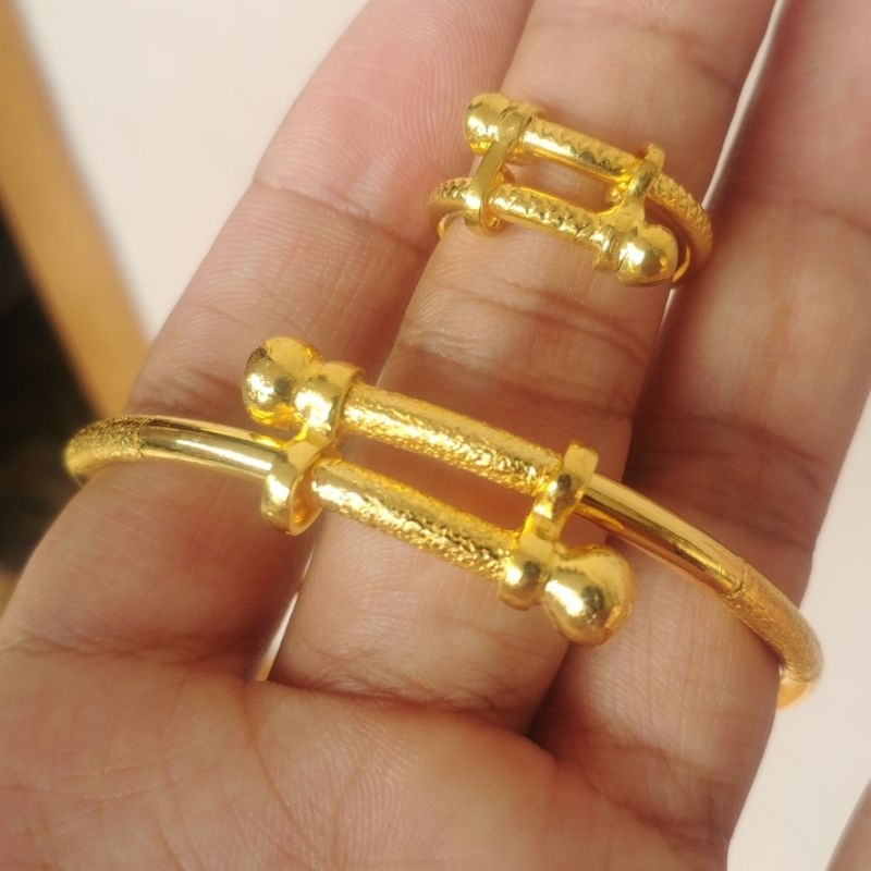Set Gelang Cincin Pipa Tinju Padat Lapis Emas Kuning 24k