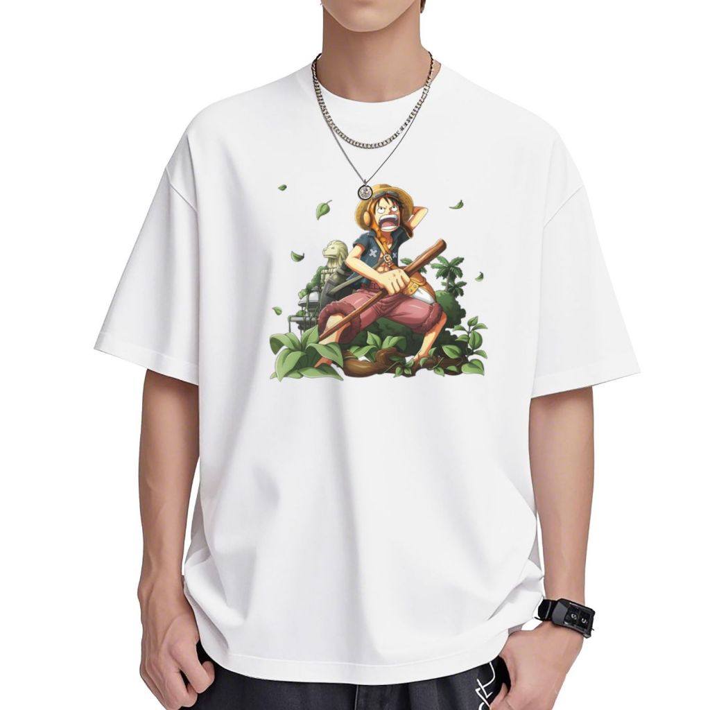 Humcustom  ONE PIECE Kaos Fashion Unisex Pria Wanita Handmade Cotton T - Shirt Putih LuffyJungle Adv