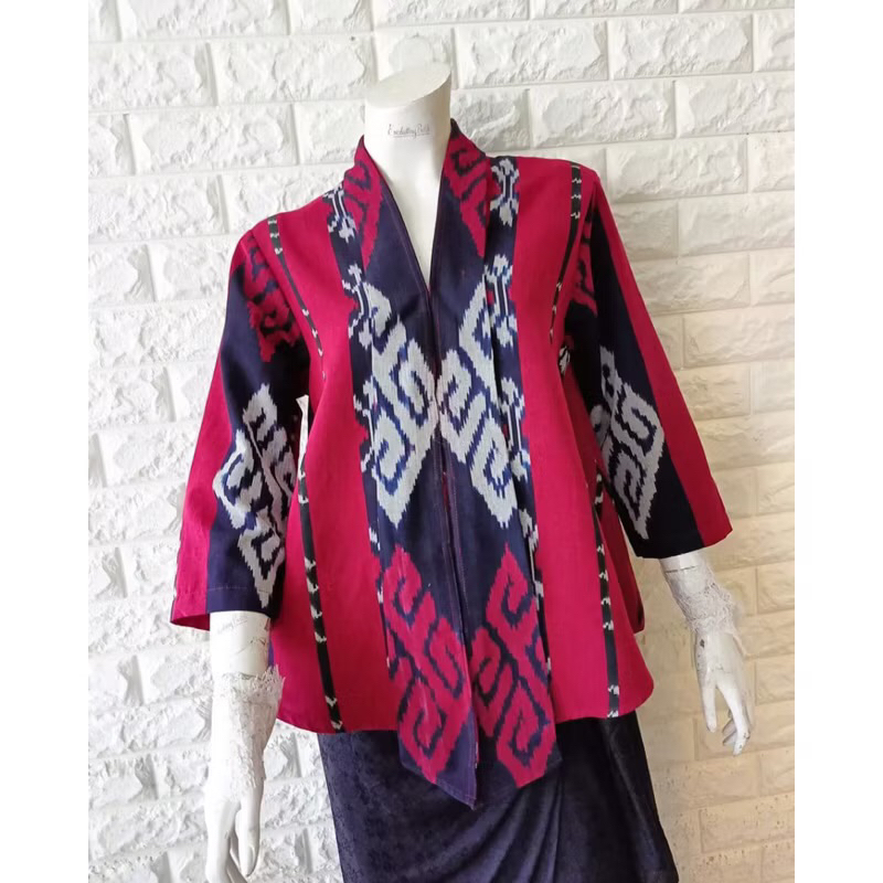 blazer batik tenun atasan wanita merah marun