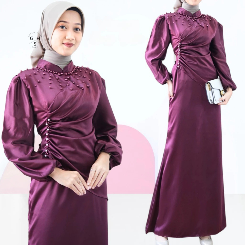 DRESS KONDANGAN VINA  GAMIS DUYUNG POLOS SATIN SILK KEKINAN MEWAH