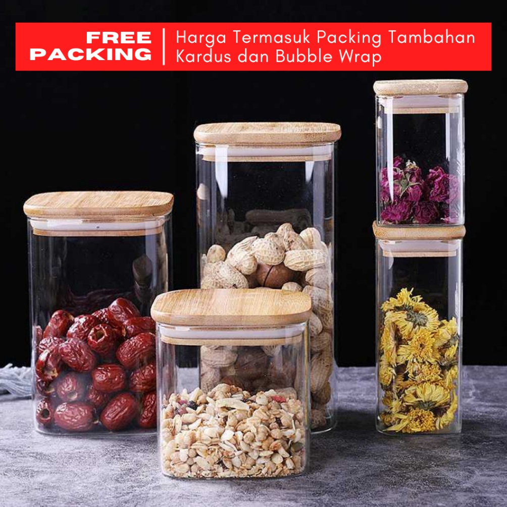 Terbatas Toples Kaca Unik Tutup Kayu Wadah Susun  Tempat Penyimpanan Gula Teh Kopi Tepung Bumbu Dapu