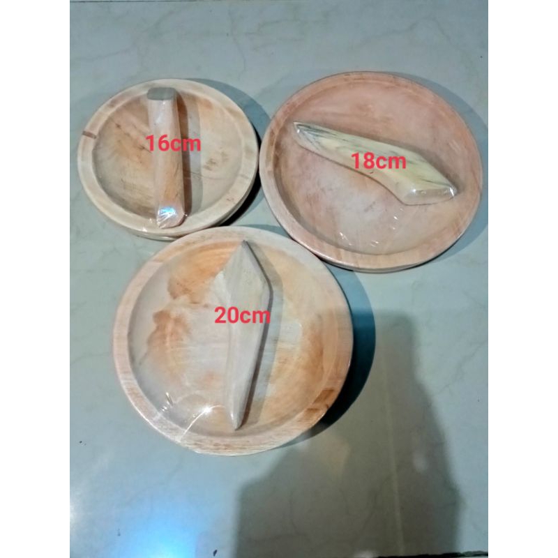Cobek kayu ulekan/Coet kayu asli 1 set ulekan UKURAN 16,18,20 (tanpa pewarna)