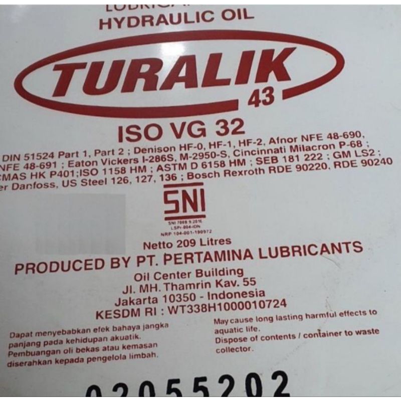Oli Pertamina TURALIK 43 ISO VG 32 / 209 LITER