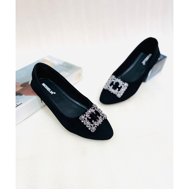 Sepatu Wanita-Balet Flat Shoes Ring Kotak Kerja Karet Hitam