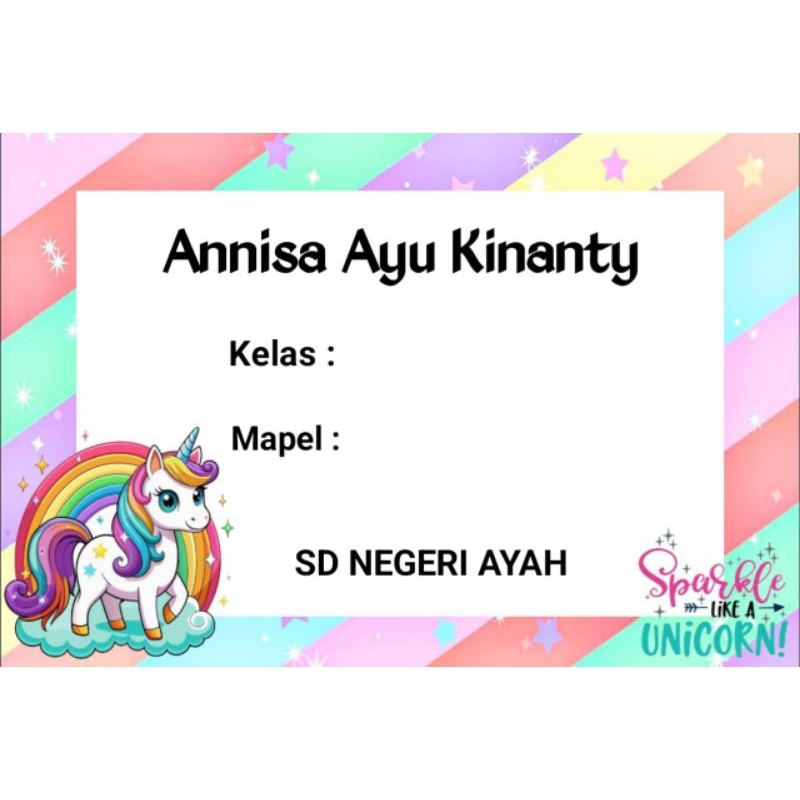 

(ISI 50 PCS) SUDAH ADA LEM STICKER LABEL BUKU SEKOLAH CUSTOM NAMA & FOTO Motif UNICORN