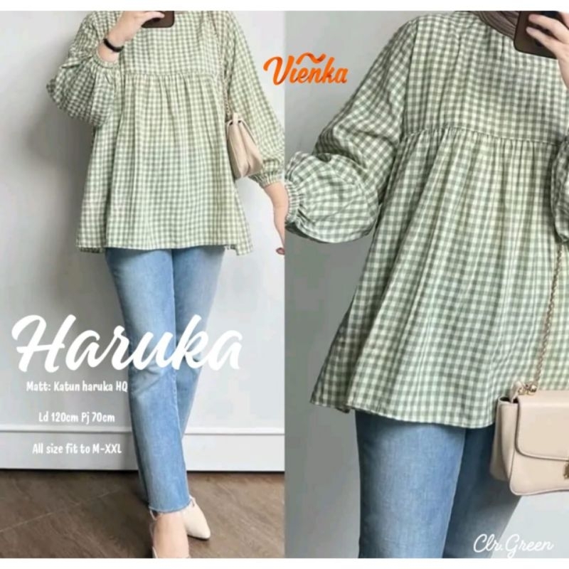 BAJU WANITA HARUKA BLOUSE JUMBO KATUN KOTAK-KOTAK LD 120 CM BY VIENKA