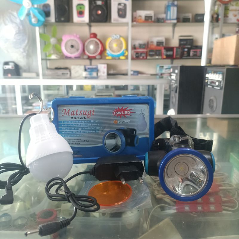 Senter kepala Matsugi MG-627L Headlamp 15W + Bonus Lampu Gantung LED + Bonus Kaca Senter Warna Kunin