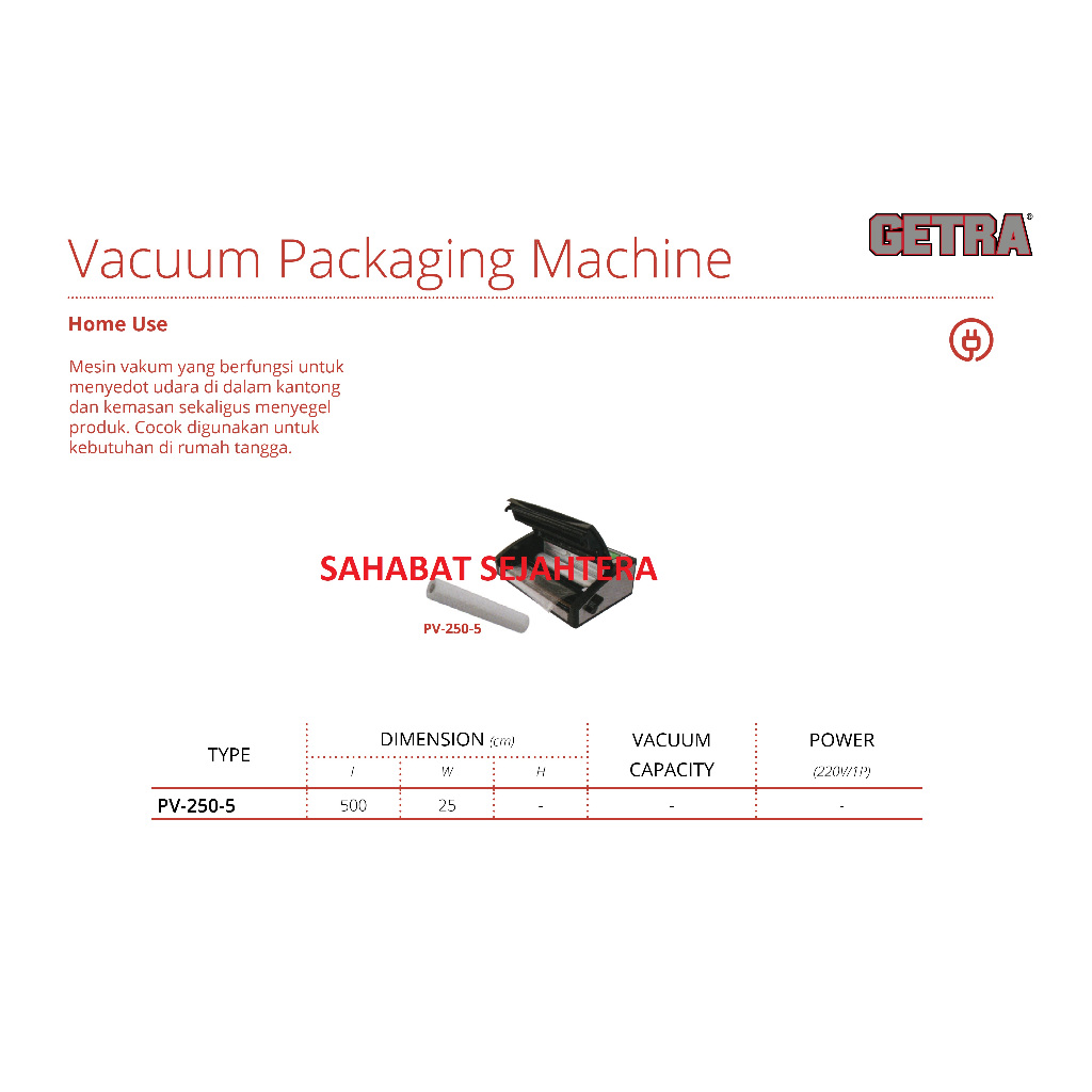 GETRA Plastic Vacuum Packaging Machine PV-250-5 | Plastik Vakum Sealer untuk Makanan & Frozen Food