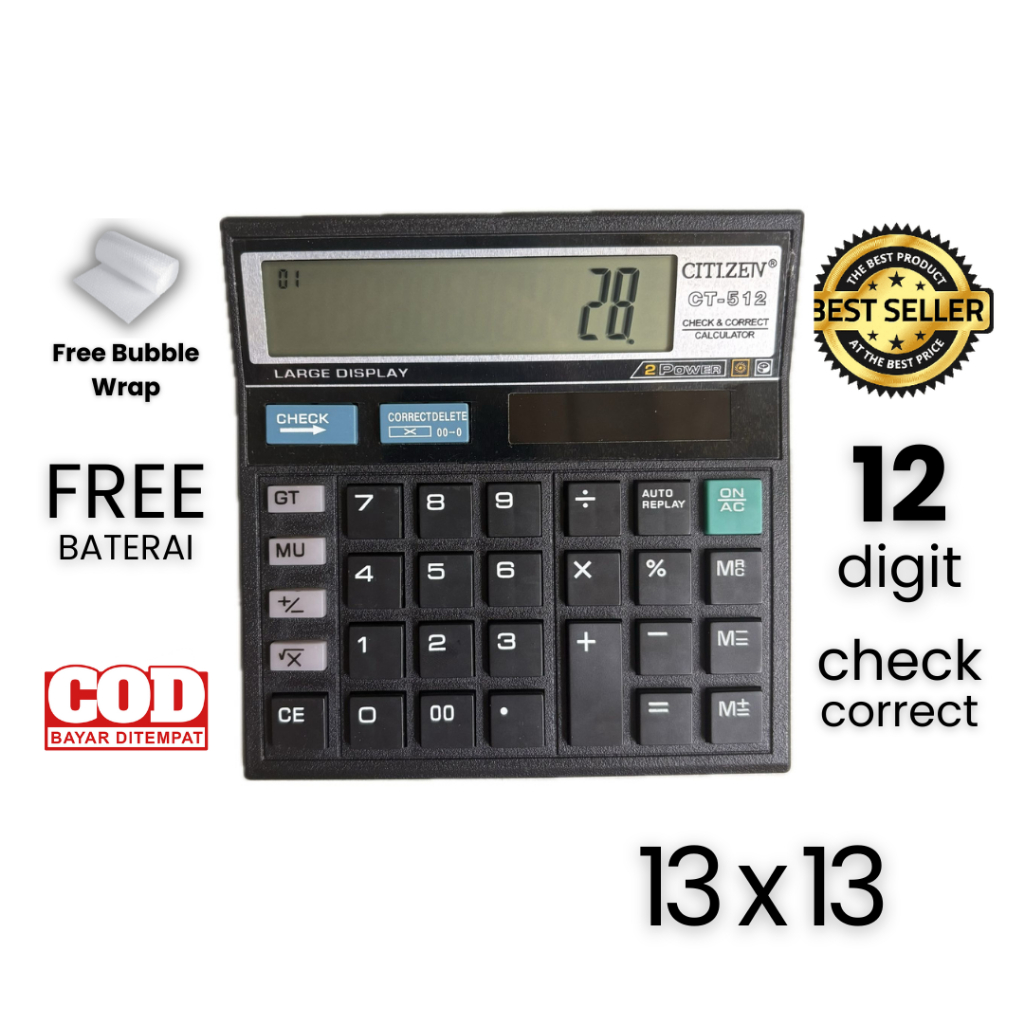 

Kalkulator CITIZEN CT 512 - 12 Digit Check Correct - Calculator Dual / 2 Power - Calculator COD Kantor Sekolah Dagang CT-512