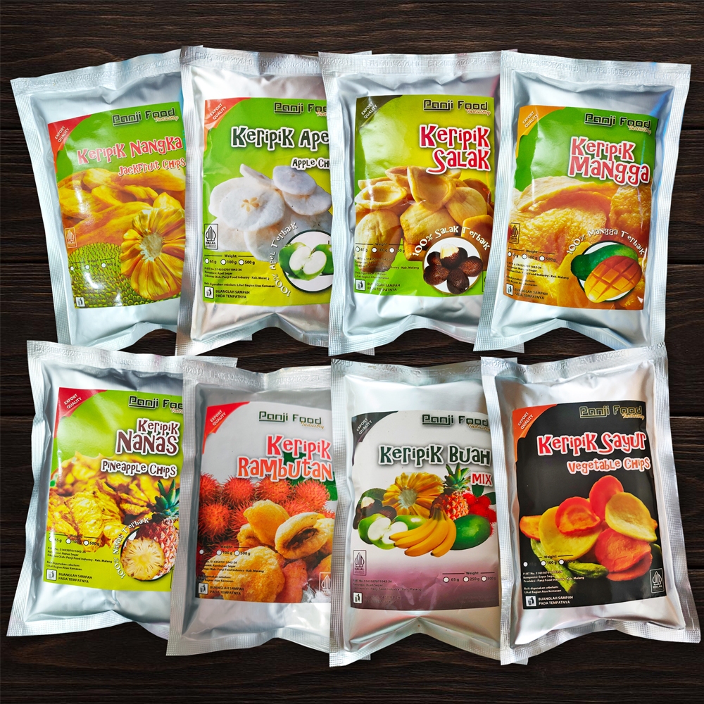 

Keripik Buah & Sayur Kualitas Ekspor | Kemasan 65-90gr Nangka, Apel, Salak, Mangga, Pisang Durian, Tape