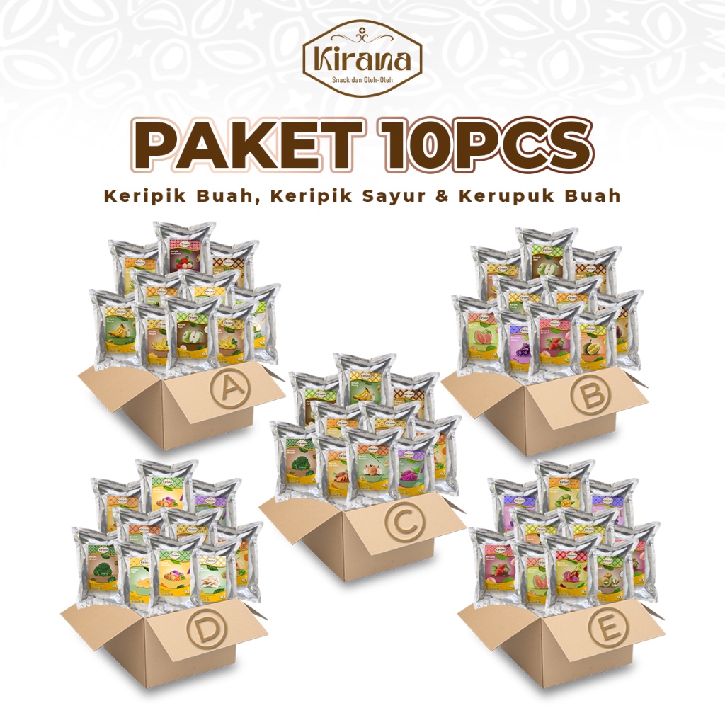 

Kirana Snack Grosir - Keripik Buah Paket 10 Pcs - Keripik Mix/Keripik Buah/Keripik Sayur/Kerupuk Buah
