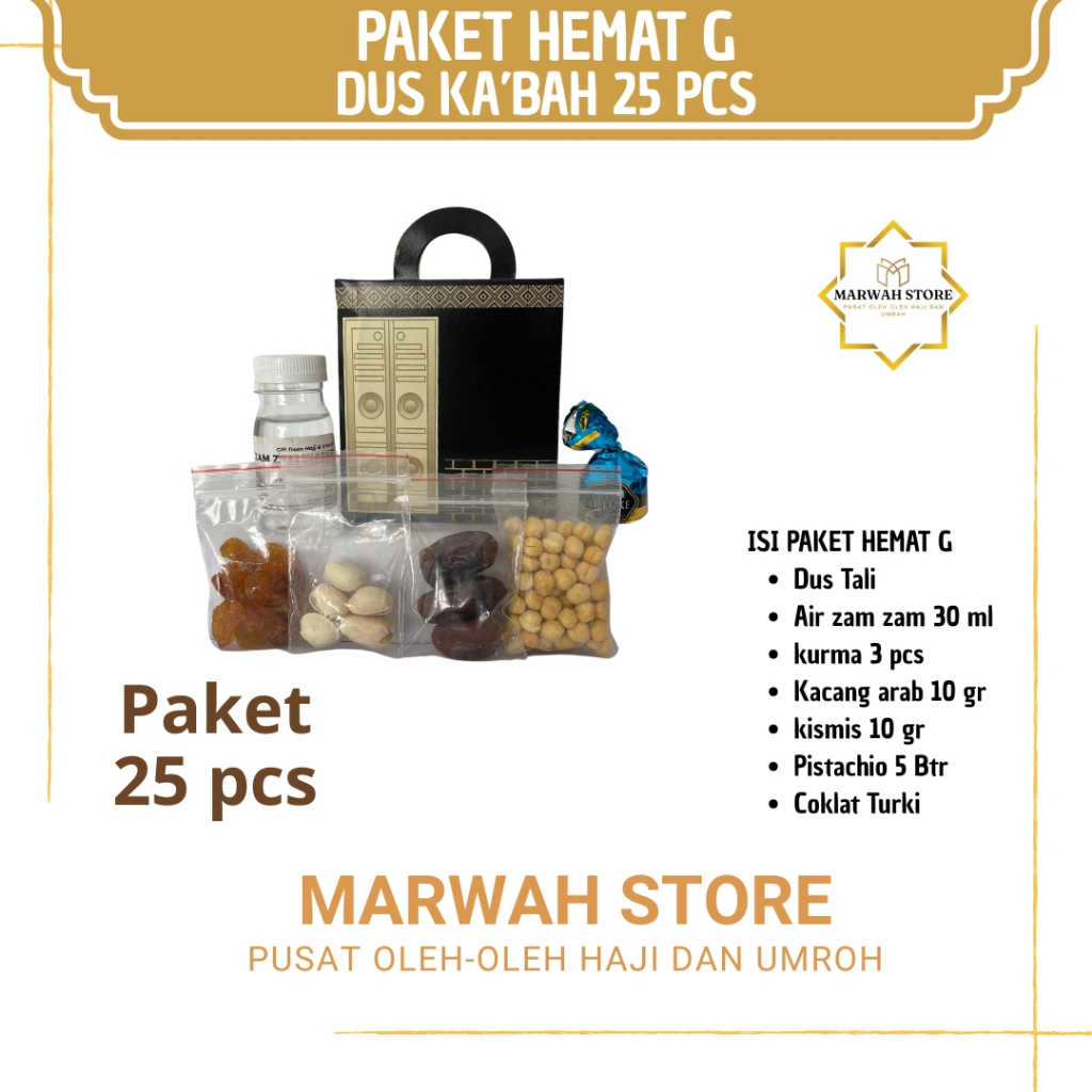 

Oleh-oleh Haji dan Umroh Paket Hemat G 25 pcs Dus Ka'bah Lengkap Air Zamzam
