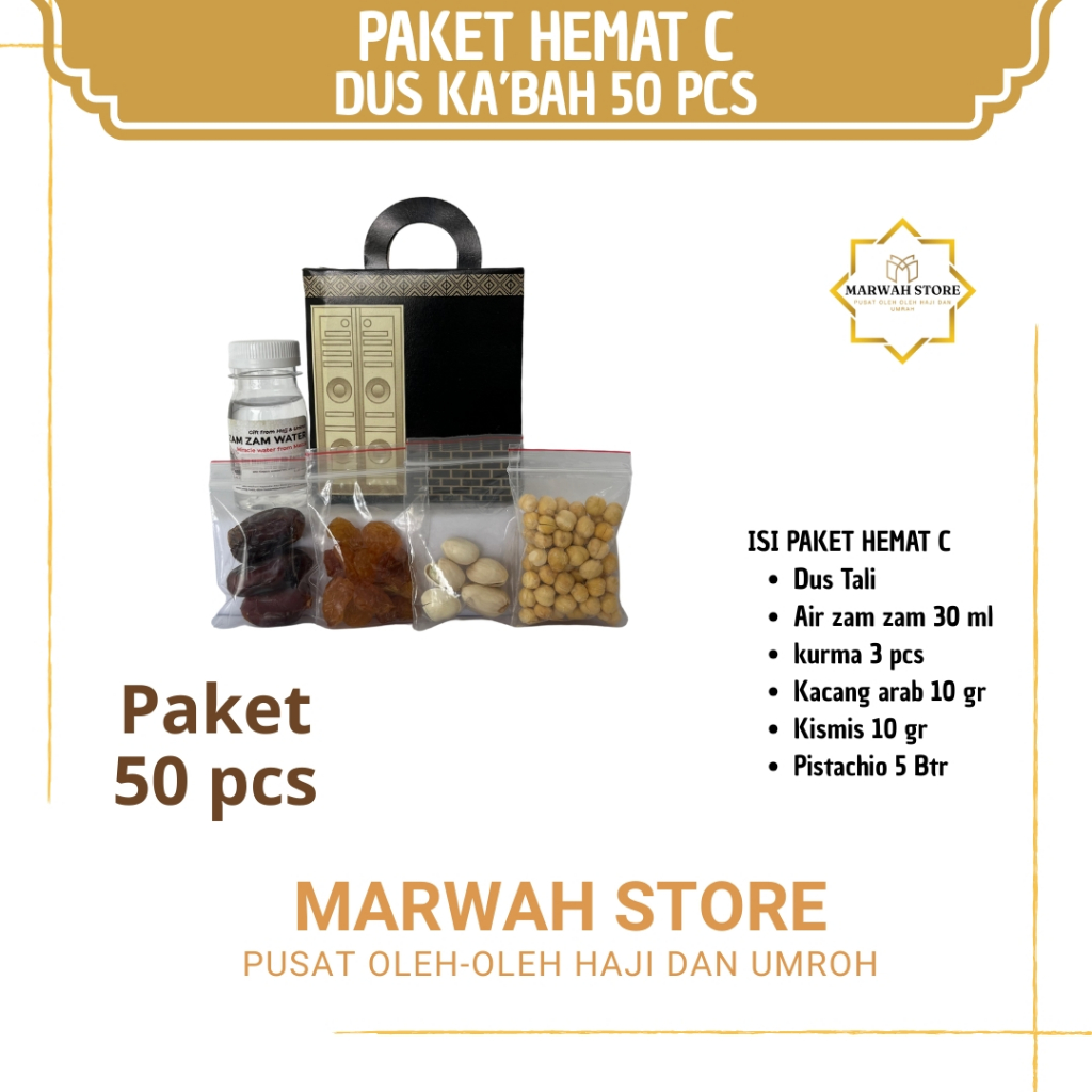 

Oleh-oleh Haji dan Umroh Paket Hemat C 50 pcs Dus Ka'bah Lengkap Air Zamzam