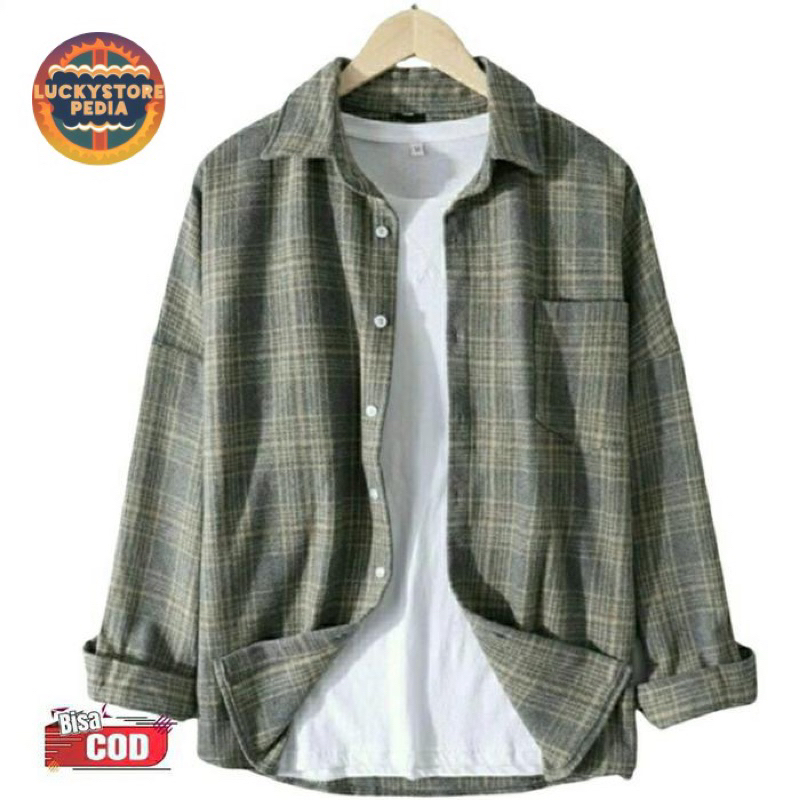 Kemeja Flanel Pria Lengan Panjang Premium Kotak-Kotak Motif Kasual Keren Baju Atasan Cowok