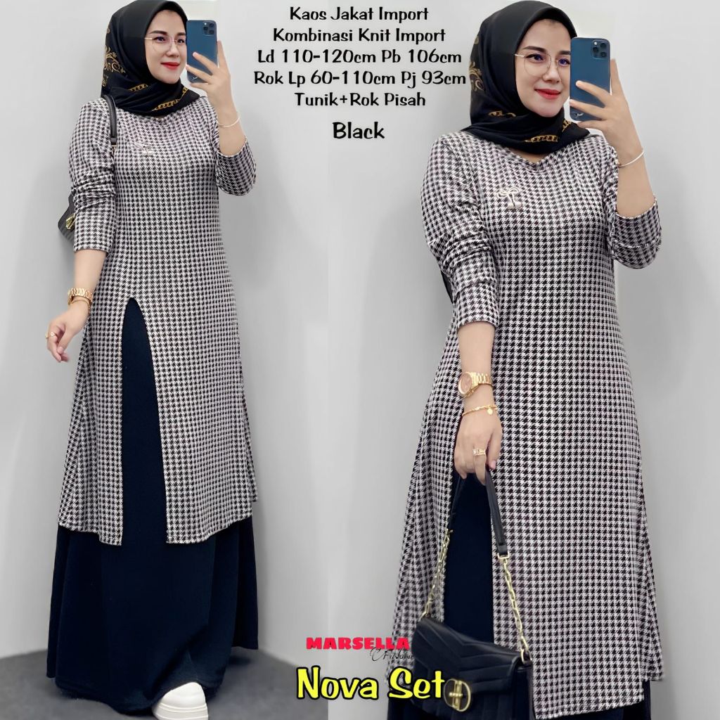Nova Setelan Kotak Kotak Muslim LD110 Kaos Knit Wanita Panjang Hitam Kualitas Import Tunik Rok Pisah