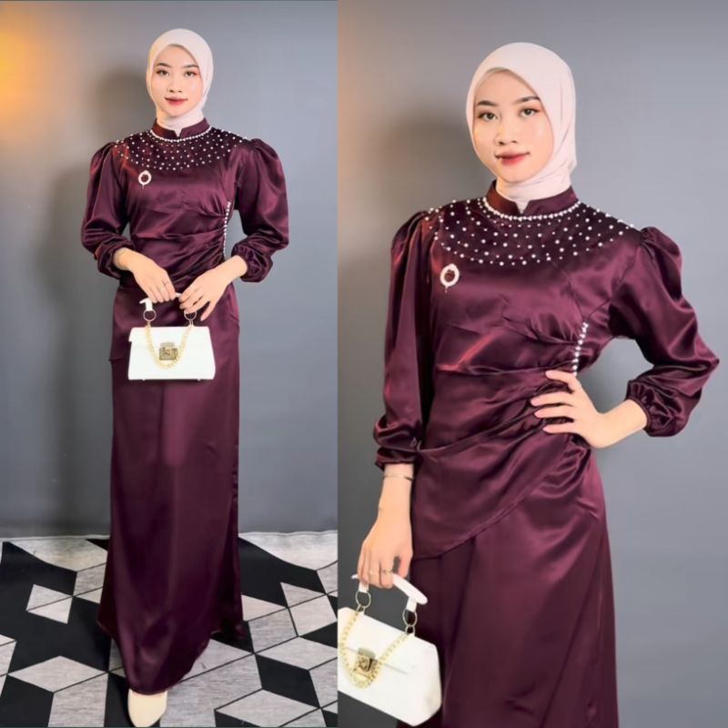 Vina dress spesial Burgundy dress Maxi kondangan wanita Muslim mewah viral terbaru