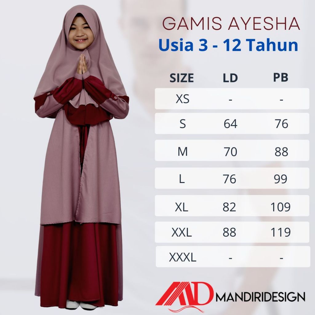 Gamis Anak Perempuan Ayesha Usia 3 - 12 Tahun Setelan Baju Muslim Anak Tanggung