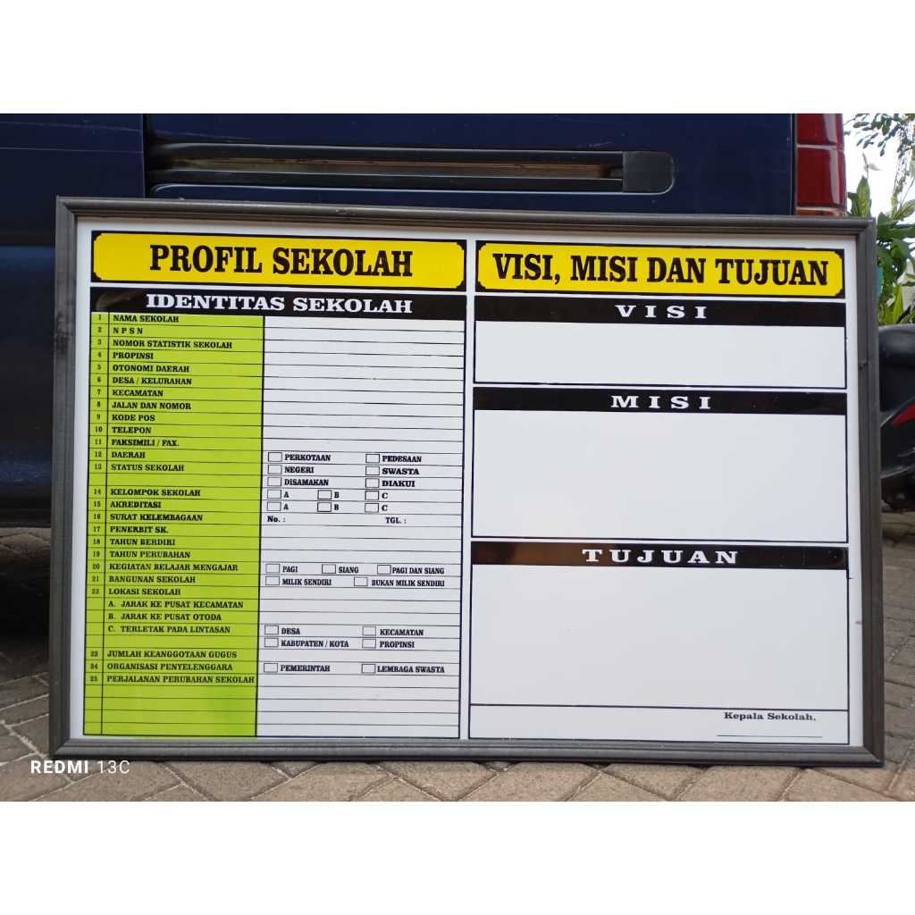 

Papan Profil Sekolah | Visi Misi & Tujuan | 120x80 cm | Sablon Whiteboard | Pigura Hitam