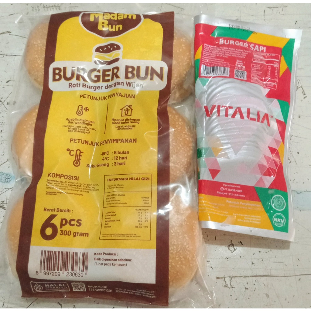 

Paket Burger Hemat ( Roti Madam Bun isi 6 + Vitalia Beef isi 10)