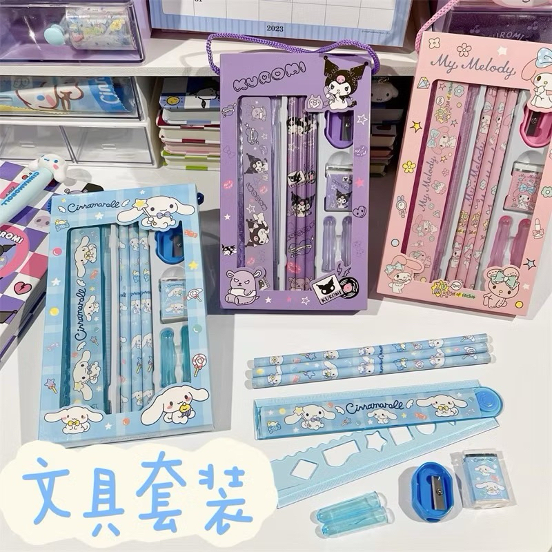 

Set Alat tulis ATK pensil penghapus penggaris serutan rautan Sanrio 8 in 1