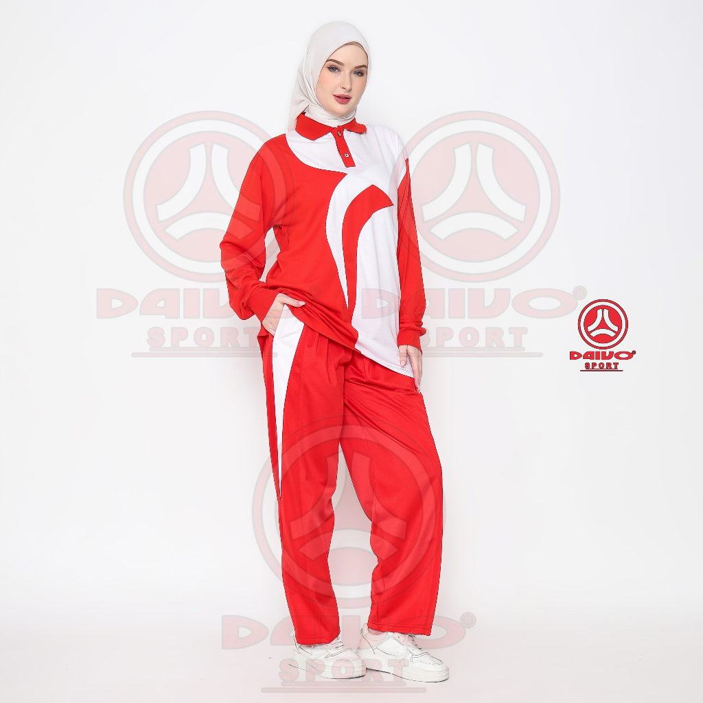 HOT SALE Setelan Baju Senam Merah Putih / Setelan Baju Olahraga Pria dan Wanita Daivo
