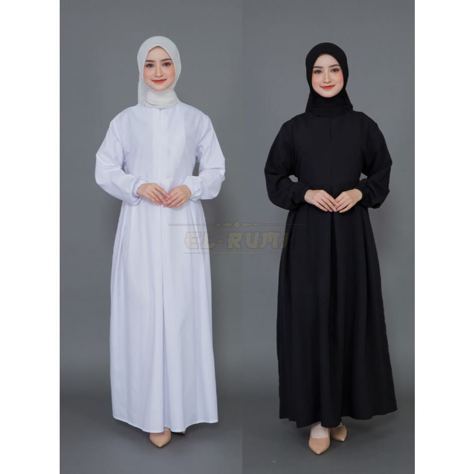 ELRUMI OFFICIAL- Gamis Hitam Putih Polos Umroh Haji Lengan Karet bahan Katun Premium Baju Pengajian 