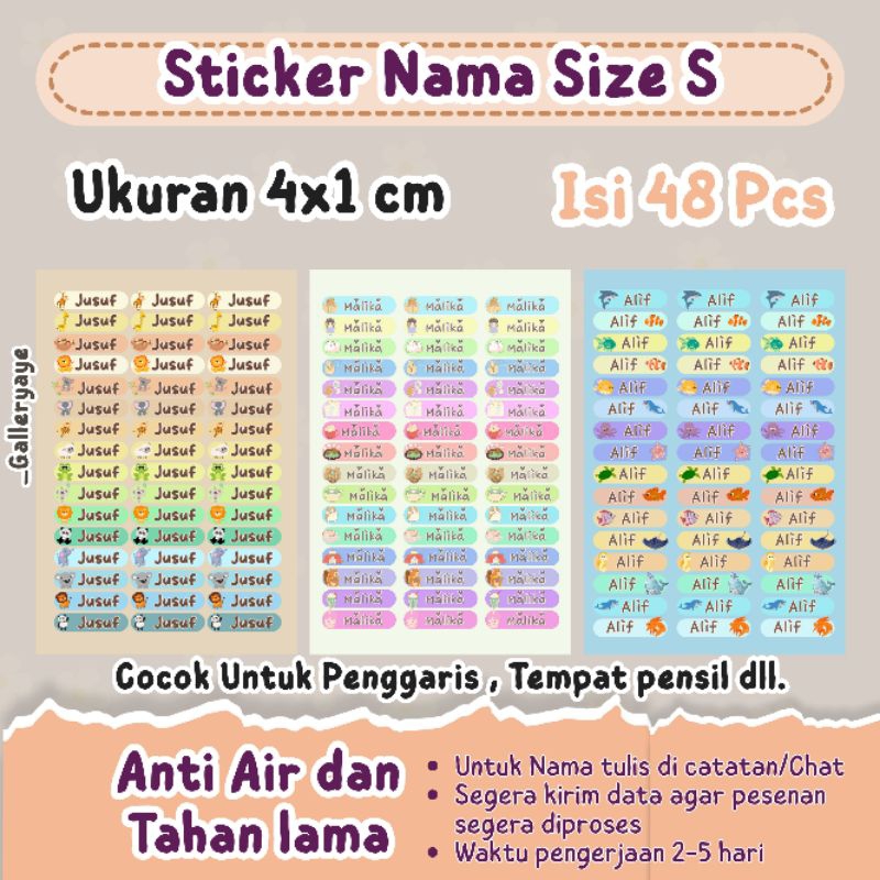 

Stiker label nama anak custom Uk. S Isi 48 Pcs waterproof tahan air