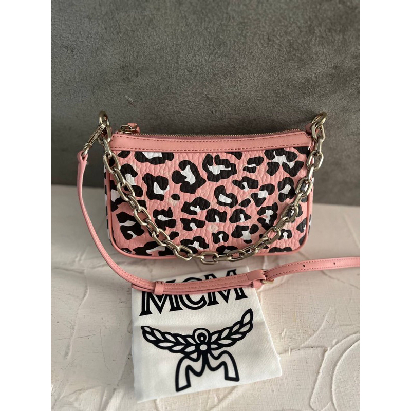 Ready MCM Mini aren shoulder bag leopard jacquard   Blossom Pink