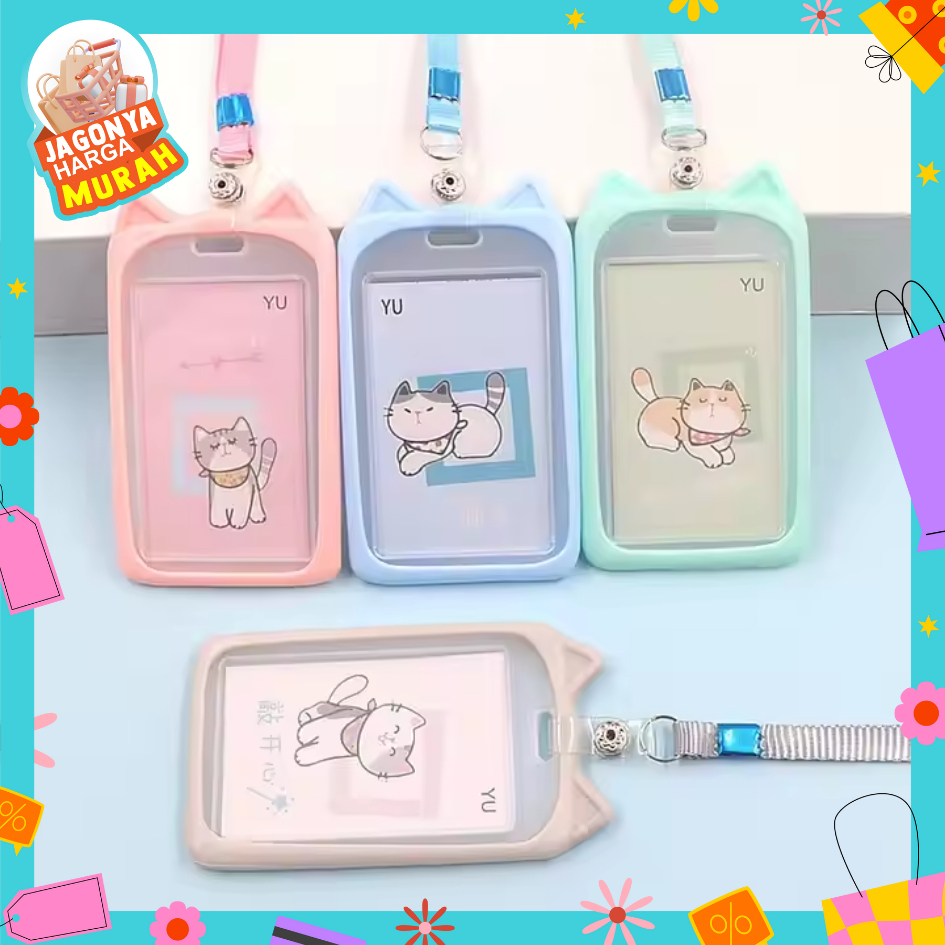 

JHM Name Tag Lanyard Gantungan Kartu Motif Kucing Kelinci Akses MRT Busway E-Money Flazz BRIzi Bentuk Karakter Hewan Warna Pastel Lanyart Card Holder Id Card