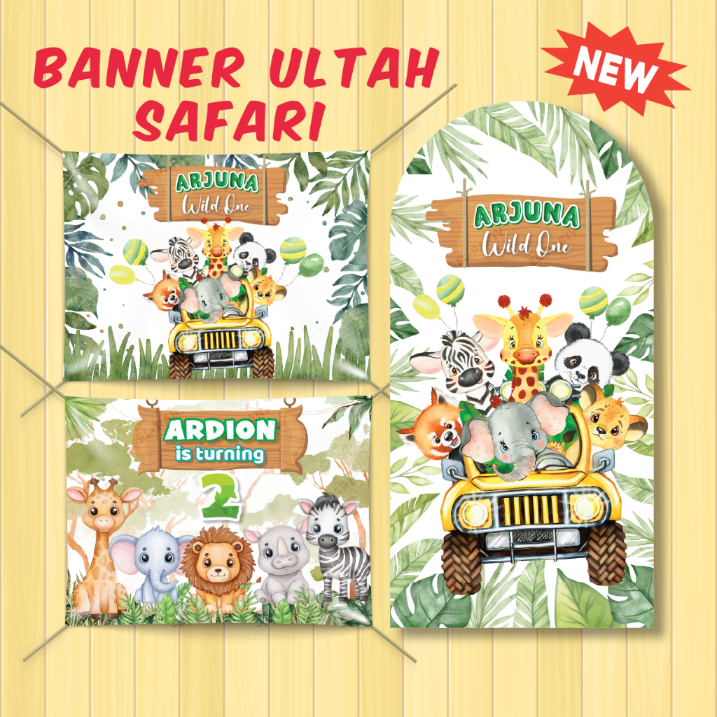 Banner Ulang Tahun Anak Tema Safari Kebun Binatang Spanduk Custom Nama Dekorasi Pesta Ultah Lucu