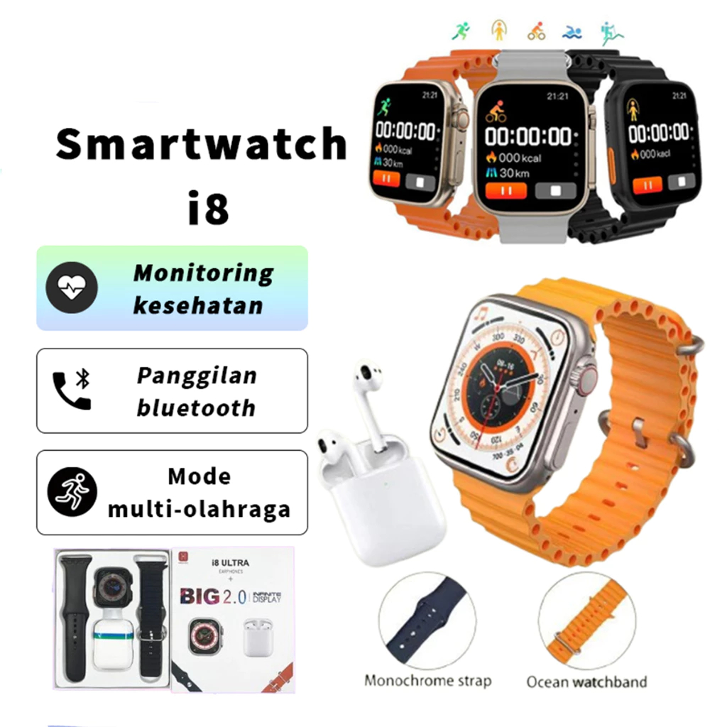 Jam Tangan Smartwatch i8 Ultra Watch 8 Free 2 Tali dan Earphone TWS Fitness Tracker Cewek Jam Tangan