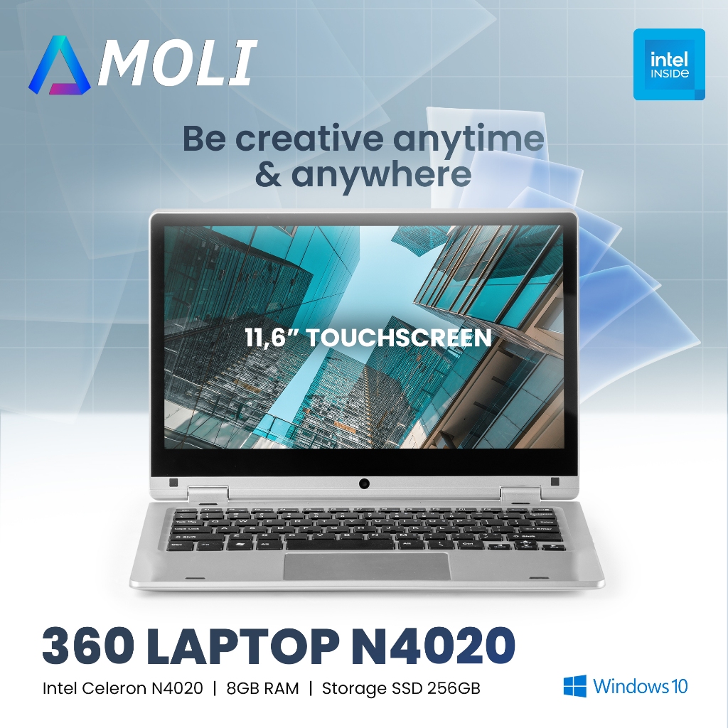AMOLI Laptop Intel N4020 11,6 ” inci Layar Touchscreen Flip 360 ° Derajat 8GB+256GB Instalasi Window