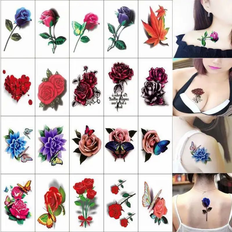20 LEMBAR Tattoo Tatto Tato Temporer Temporary Tatoo Seri N BUNGA KUPU MAWAR MERAH - Tatto Tahan Air