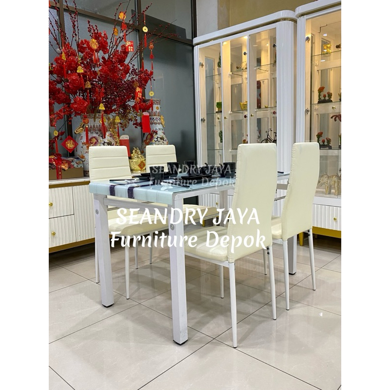 Meja makan kaca marmer 4 Kursi/6 kursi/full Besi kokoh/persegipanjang/SEANDRY JAYA Furniture Depok/K