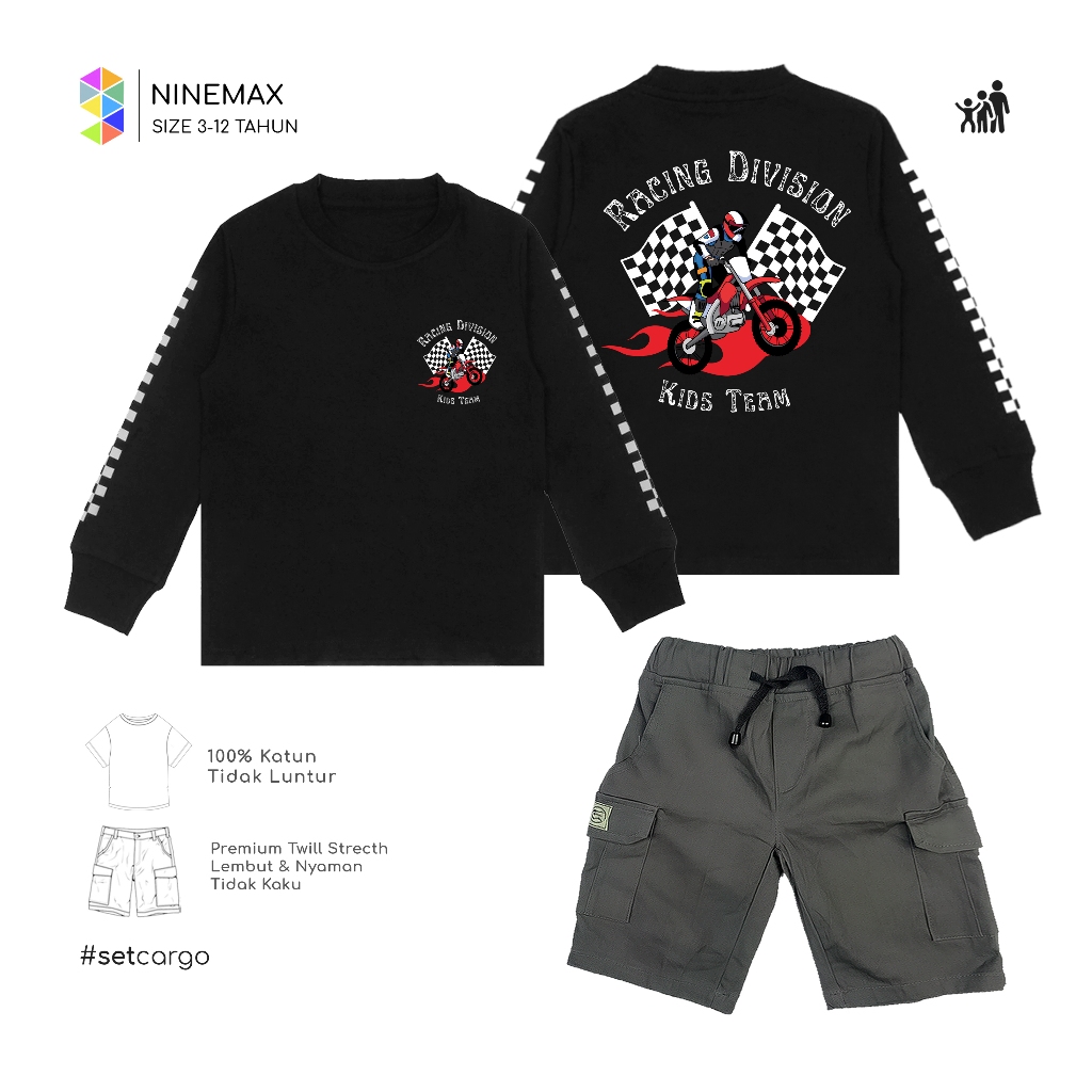 Terlaris 9Max Motor Crew Stelan Kaos Anak Lengan Panjang Dan Celana Cargo Chinos Pendek Usia 3-12Th