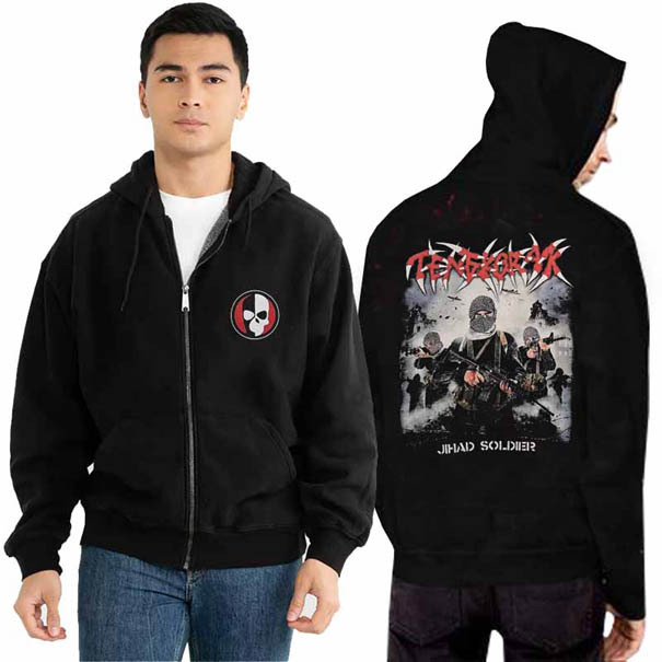 Zipper Hoodie Tengkorak Jihad Soldier Hoodie Ritsleting Unisex Bahan Black Cotton Fleece | Size M L 